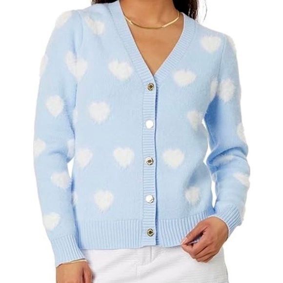 NEW Lilly Pulitzer Heart Jacquard Sweater Cardigan  size S Blue Button Front - Picture 1 of 9
